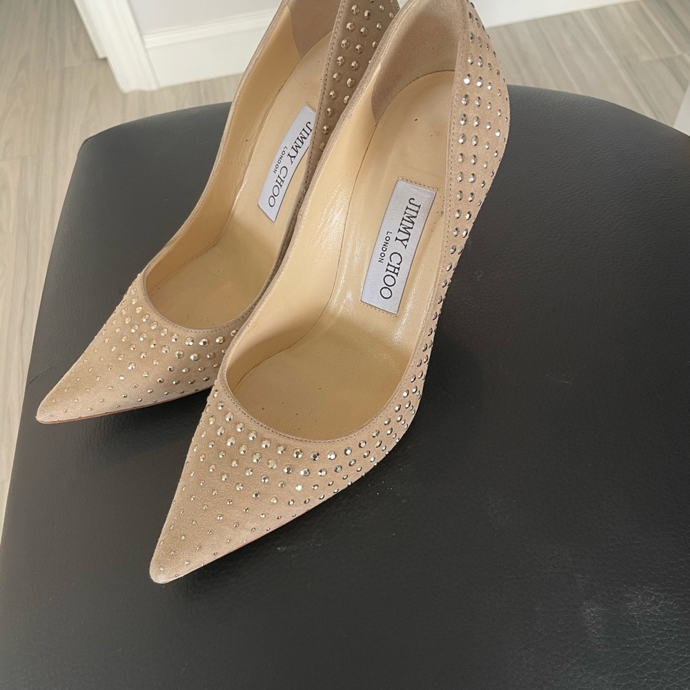 Jimmy Choo size 36.5 suede beige pumps 4” heels.